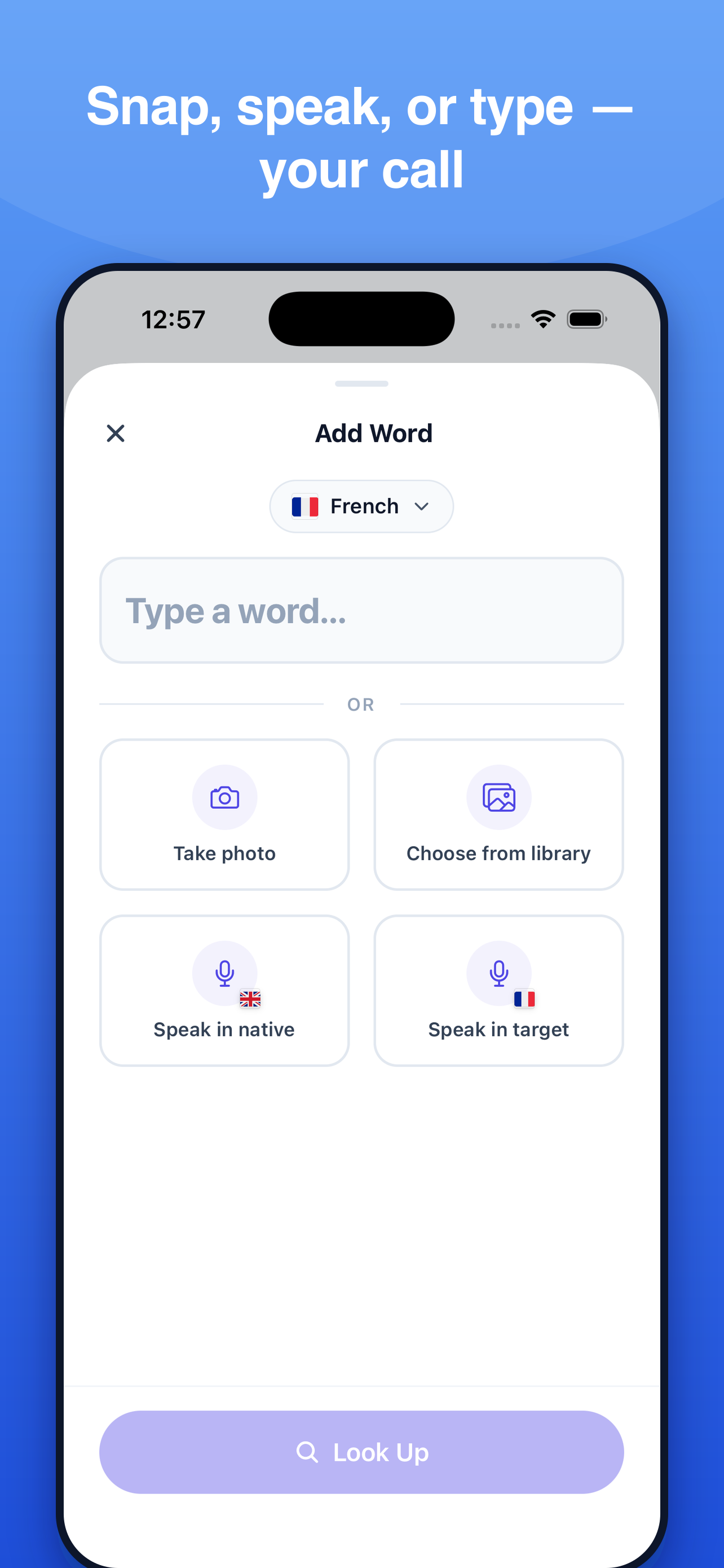 Adding a word by photo, voice, or typing