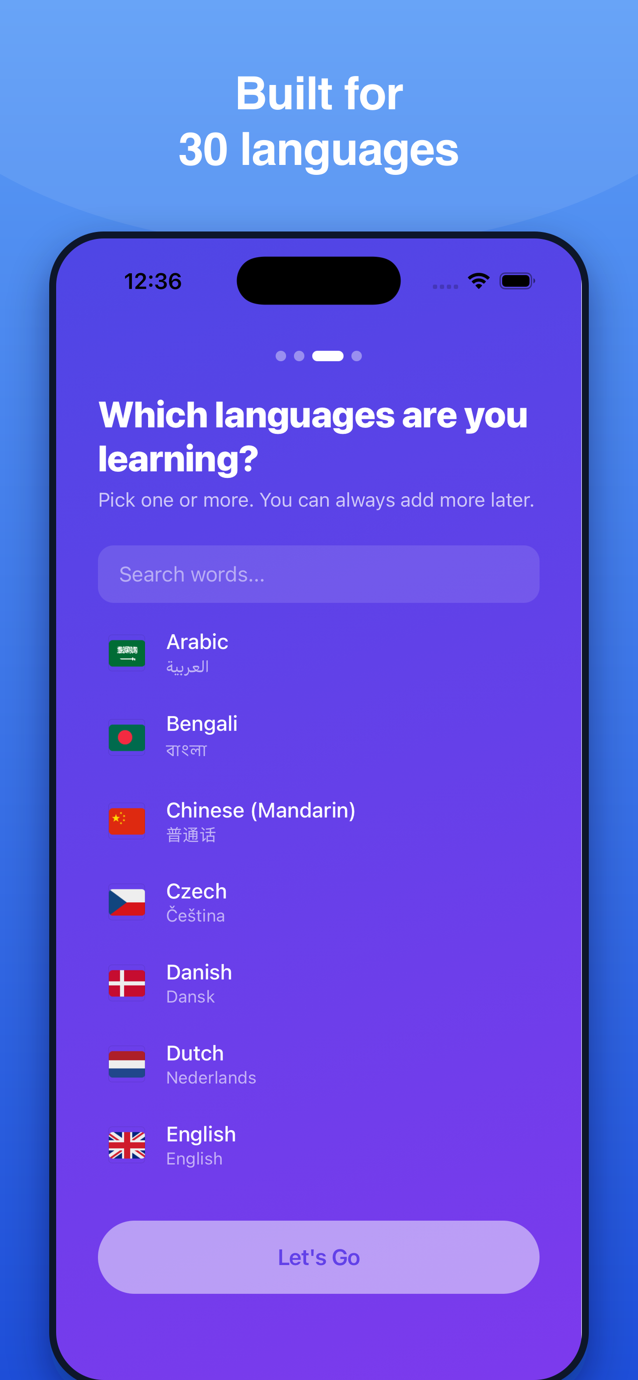 Onboarding — pick the languages you want to learn